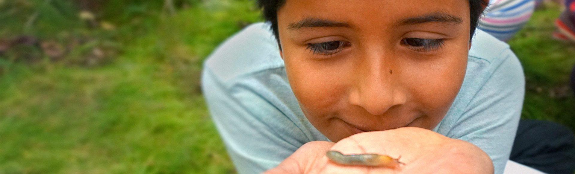 A student studies a slug close up