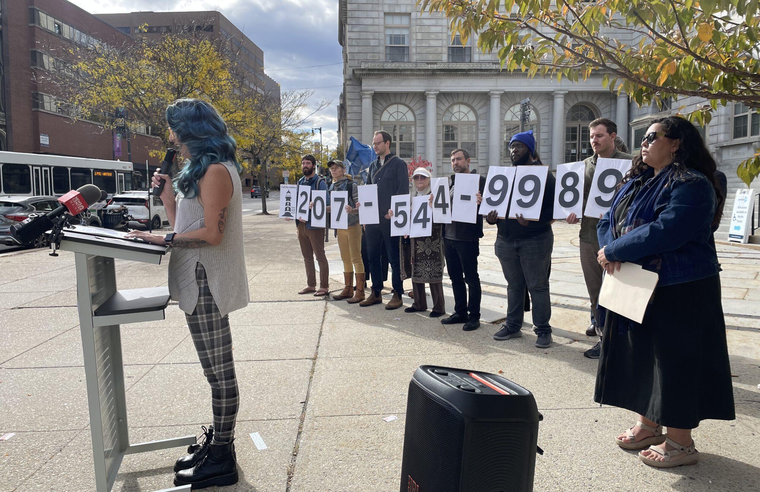 ICE Watch Hotline press release rally outside City Hall in Portland