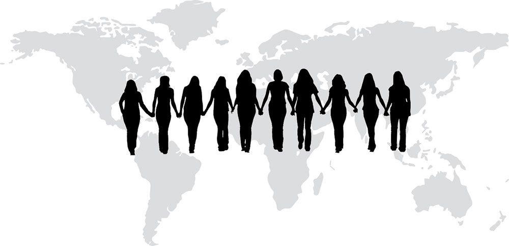 An illustration of women holding hands across a globe