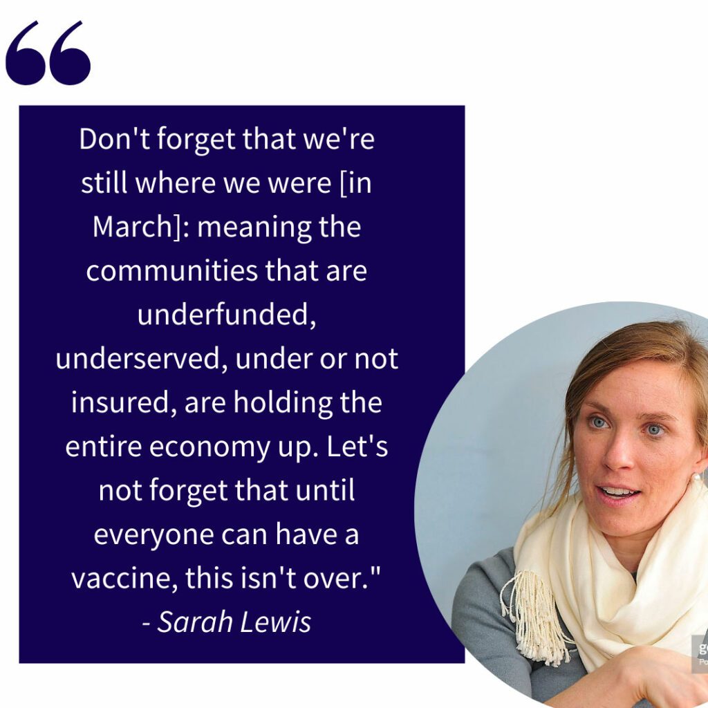 Sarah Lewis smiles in a circle crop juxtaposed to a quote